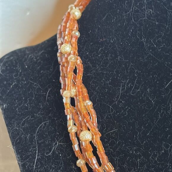 Multistrand orange amber colored seed bead fashion necklace 18” - Picture 4 of 5